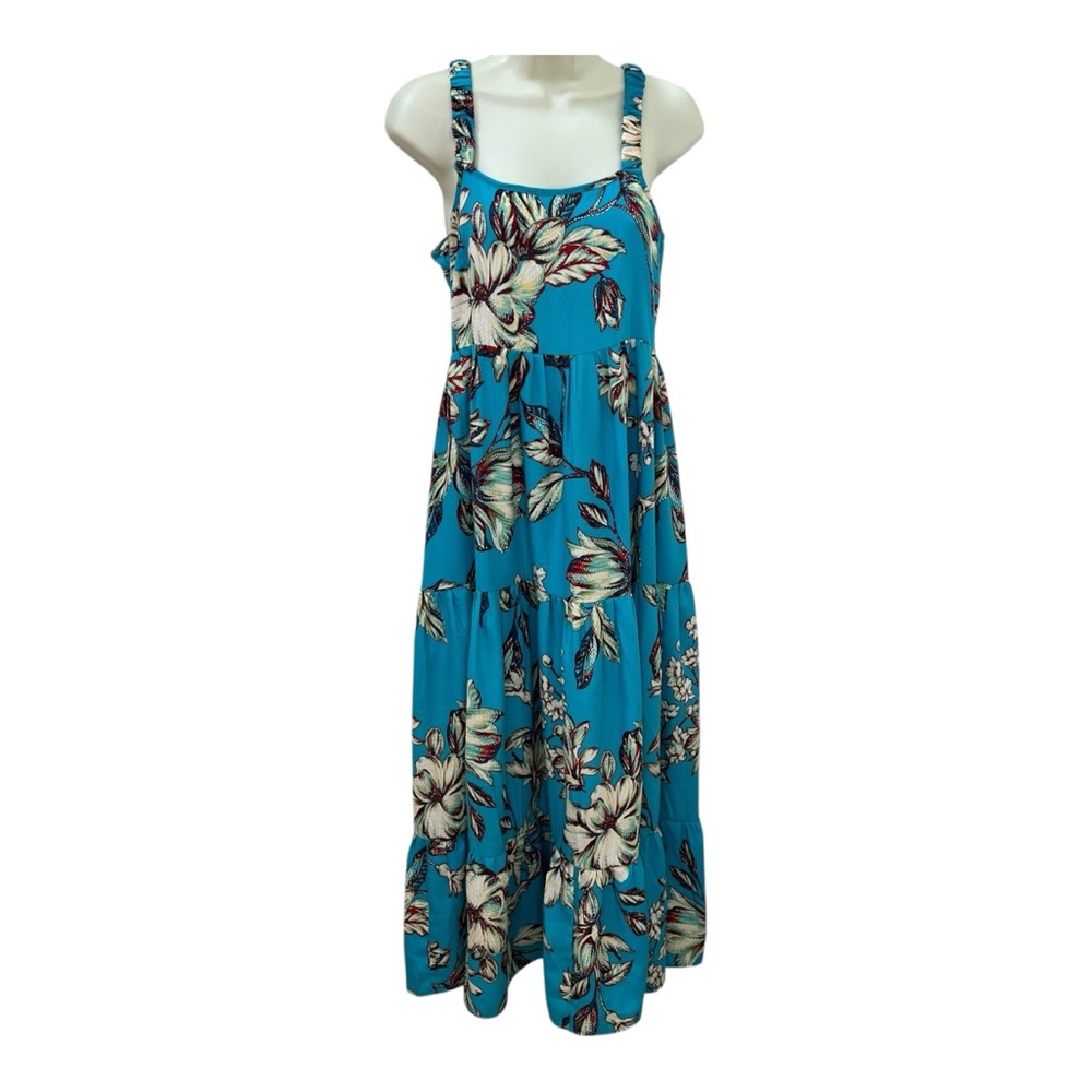 Band of the Free Floral Print Tiered Maxi Dress Sleeveless Turquoise Blue